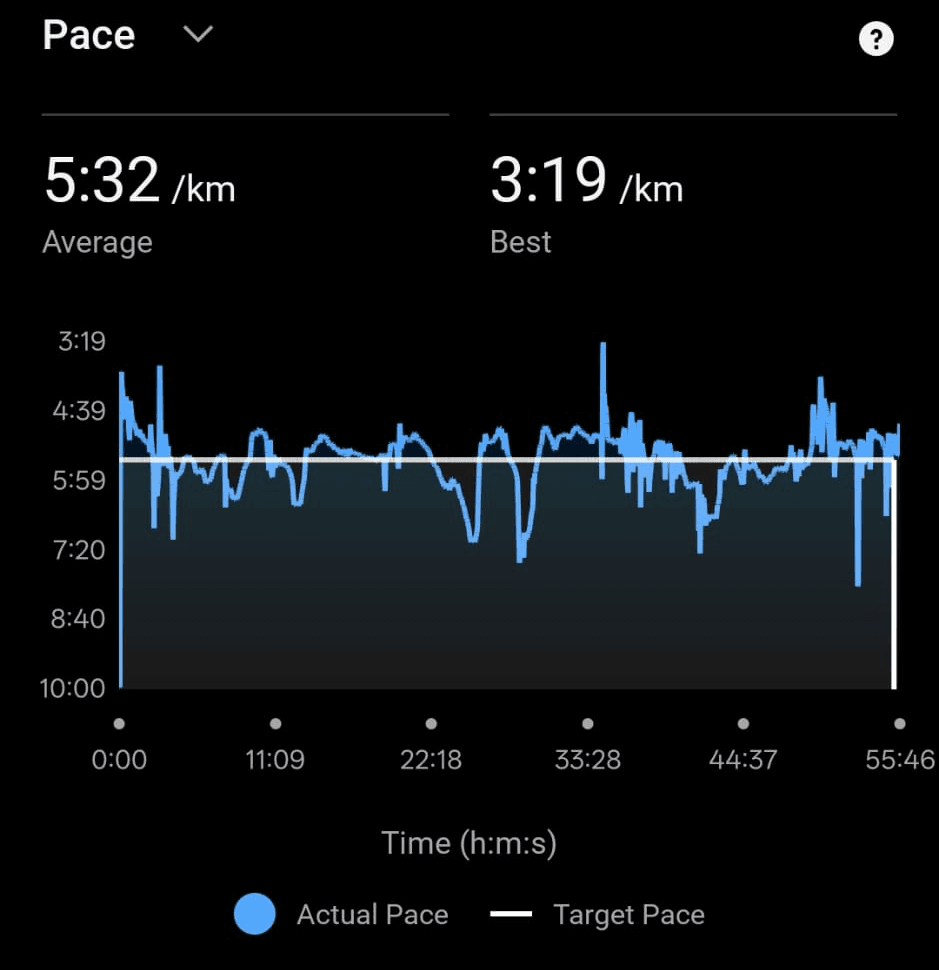 Garmin pace graph over the race, showing fluctuations around the displayed target-pace line
